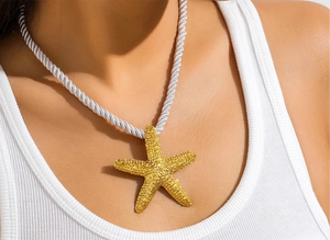 Metal Starfish Pendant Necklace with white rope chain