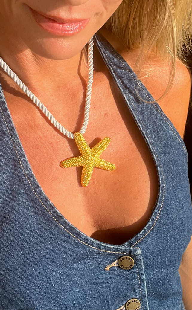 Metal Starfish Pendant Necklace with white rope chain