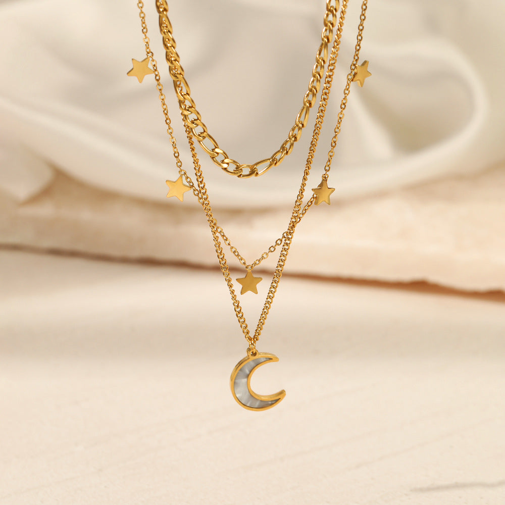 Three Layers Moon Star Chain Necklace 18k plated gold