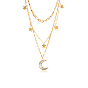 Three Layers Moon Star Chain Necklace 18k plated gold