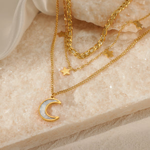 Three Layers Moon Star Chain Necklace 18k plated gold