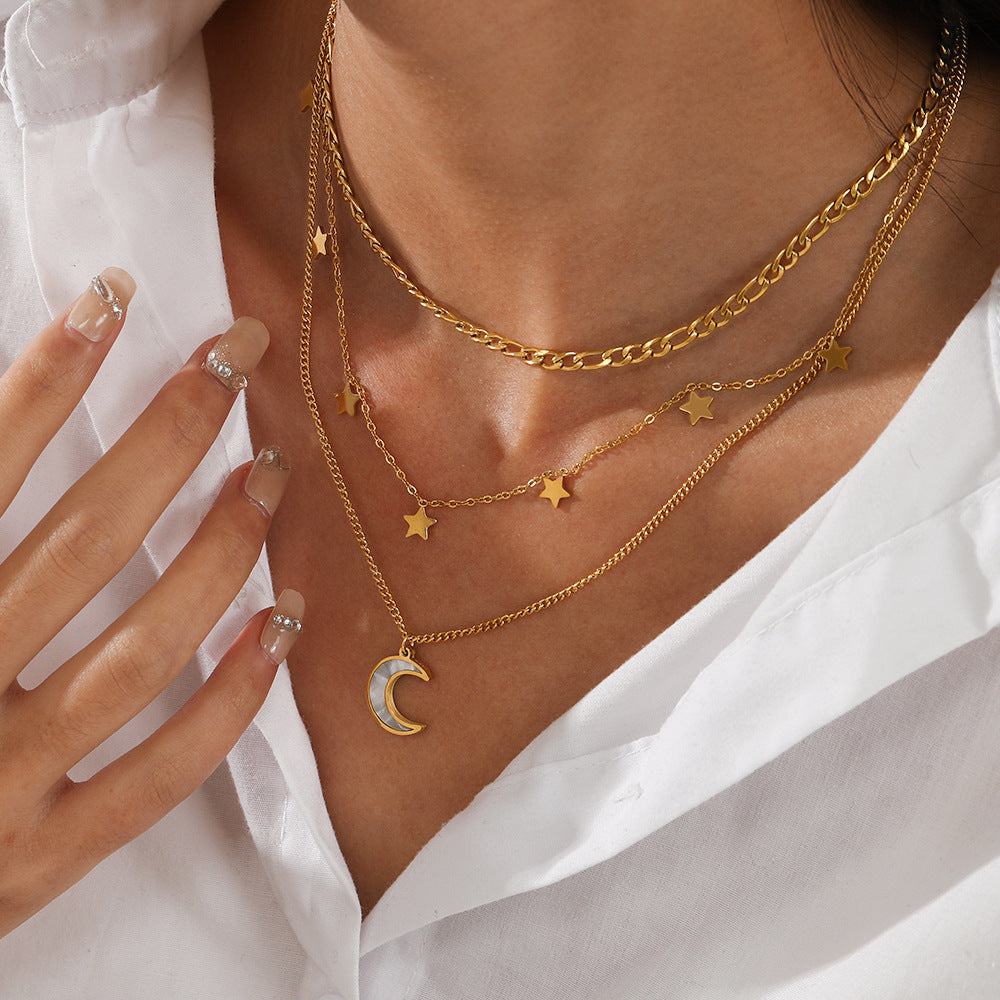 Three Layers Moon Star Chain Necklace 18k plated gold