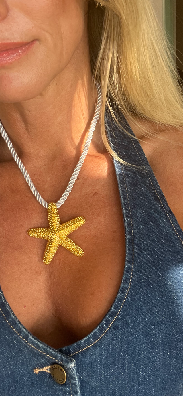 Metal Starfish Pendant Necklace with white rope chain